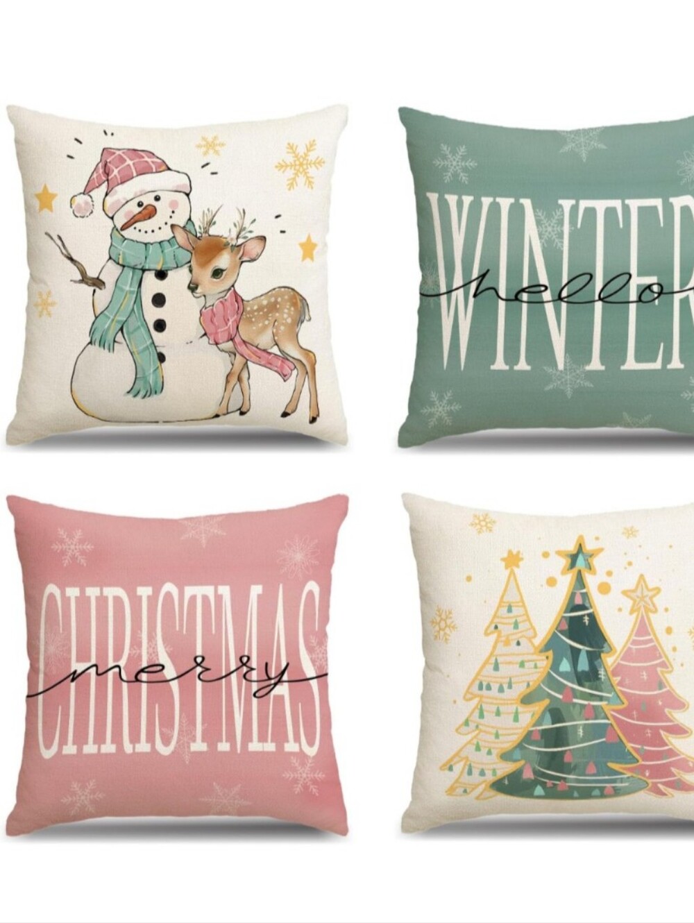 Holiday Decorative Pillow Cover Set  of 4 Pastel Christmas Designs Zip 17 X 17
